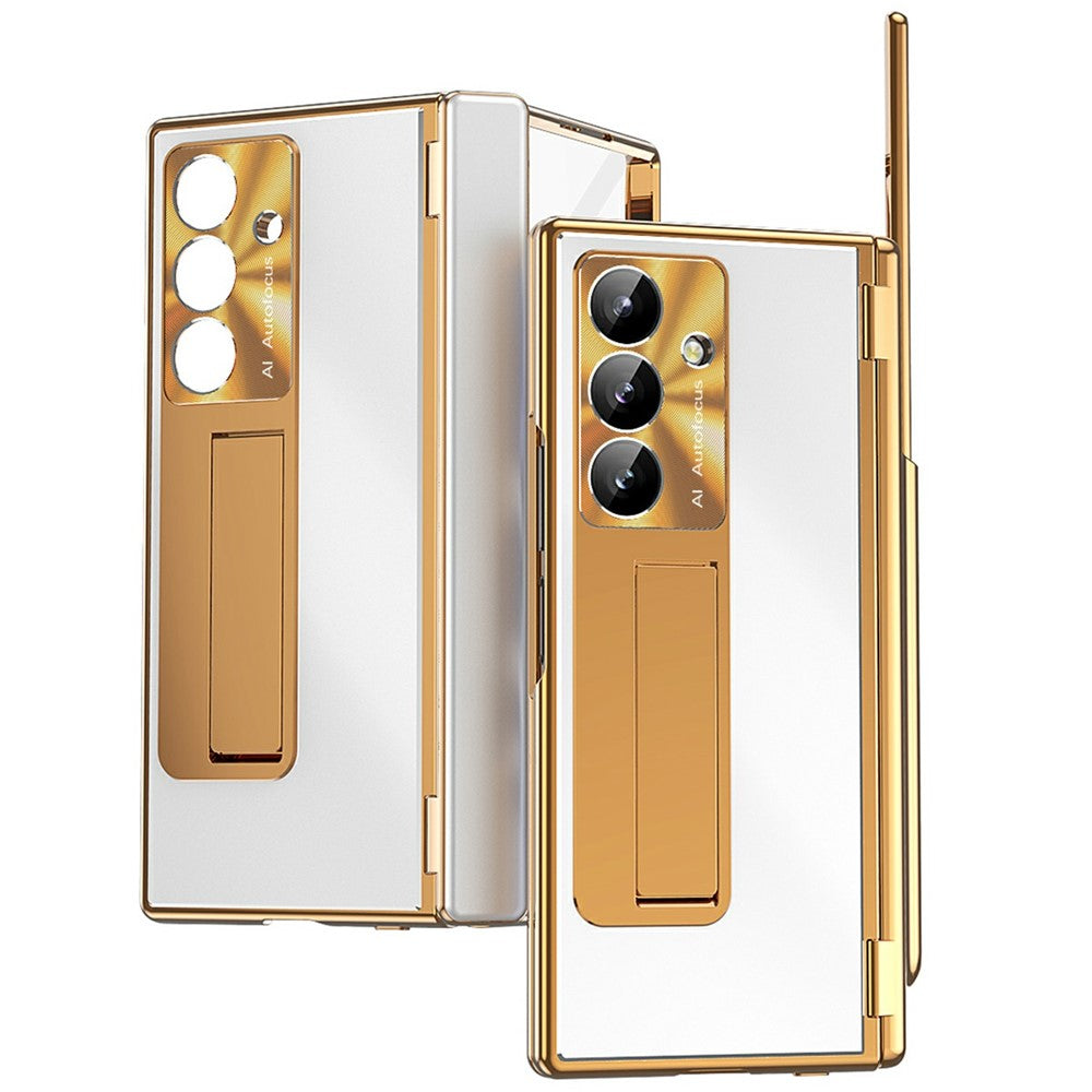 For Samsung Galaxy Z Fold7 5G Case Kickstand Dual Hinge Aluminum Alloy Phone Cover with Tempered Glass Front Film / Stylus - Gold + Silver