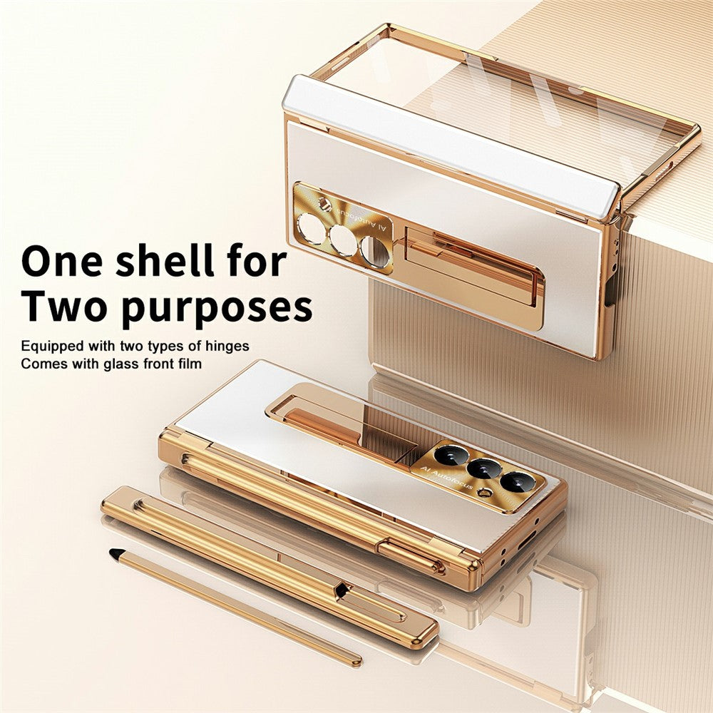 For Samsung Galaxy Z Fold7 5G Case Kickstand Dual Hinge Aluminum Alloy Phone Cover with Tempered Glass Front Film / Stylus - Gold + Silver