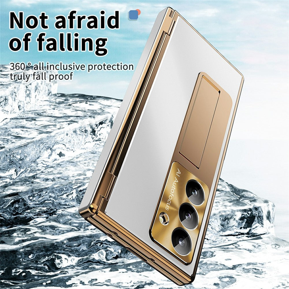 For Samsung Galaxy Z Fold7 5G Case Kickstand Dual Hinge Aluminum Alloy Phone Cover with Tempered Glass Front Film / Stylus - Gold + Silver