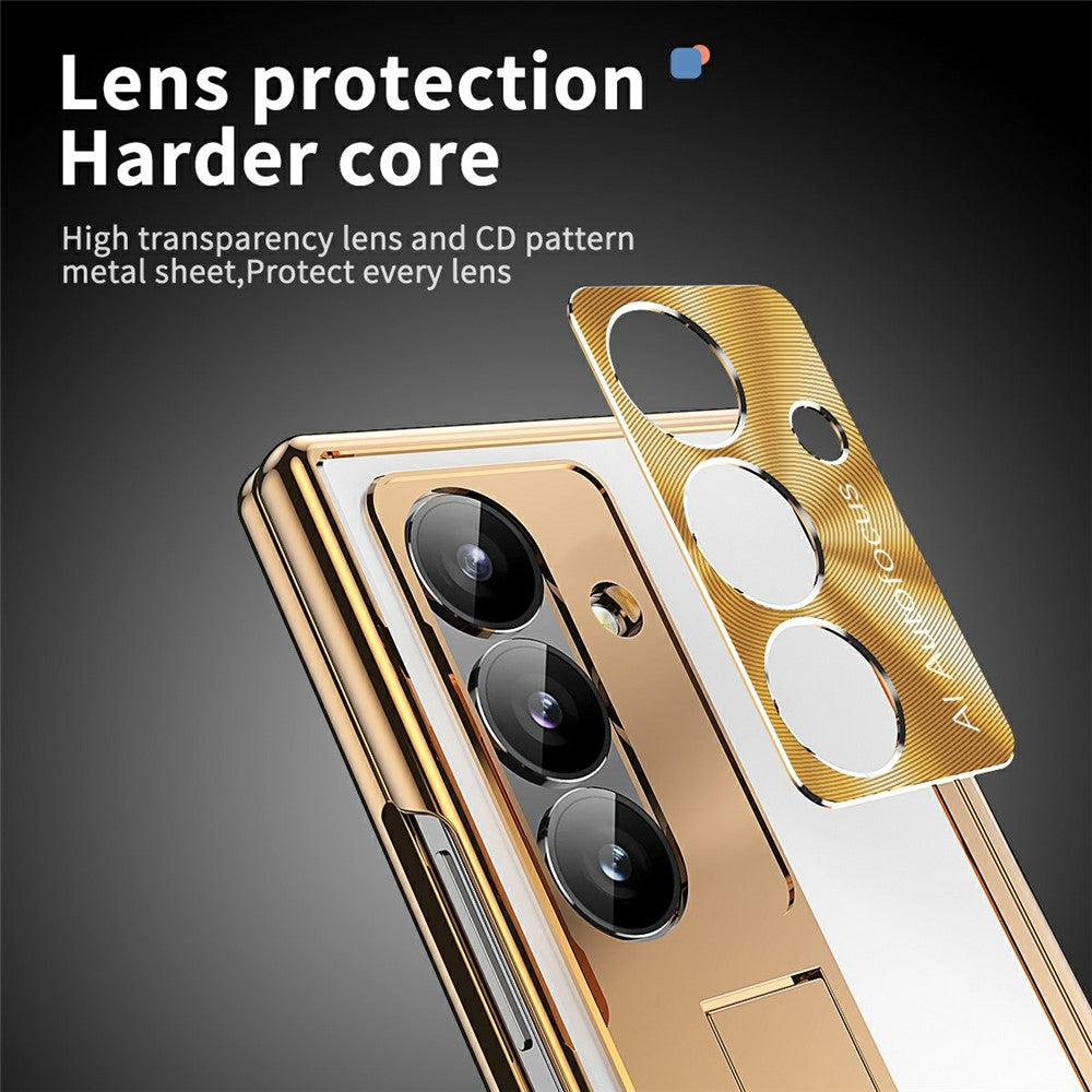 For Samsung Galaxy Z Fold7 5G Case Kickstand Dual Hinge Aluminum Alloy Phone Cover with Tempered Glass Front Film / Stylus - Gold + Silver