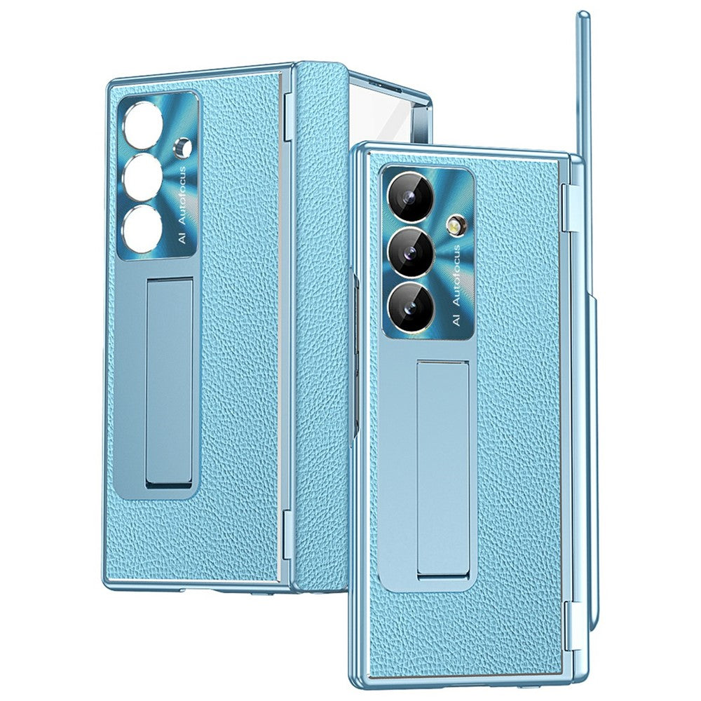 For Samsung Galaxy Z Fold7 5G Case Hinge Protection PU + PC Phone Cover with Tempered Glass Film / Stylus - Blue