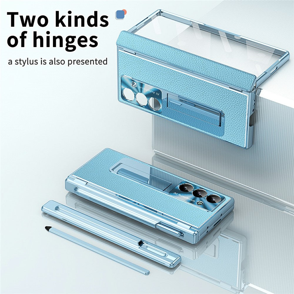 For Samsung Galaxy Z Fold7 5G Case Hinge Protection PU + PC Phone Cover with Tempered Glass Film / Stylus - Blue