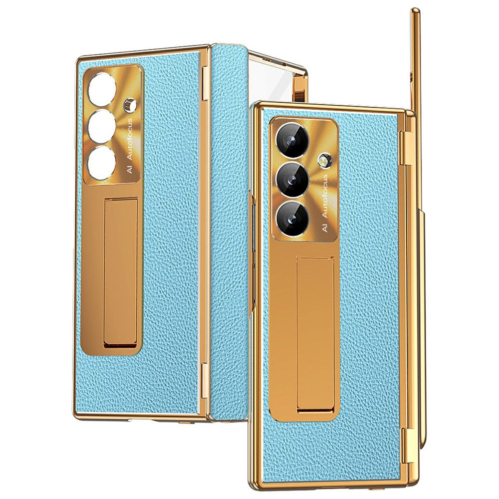 For Samsung Galaxy Z Fold7 5G Case Hinge Protection PU + PC Phone Cover with Tempered Glass Film / Stylus - Gold / Blue
