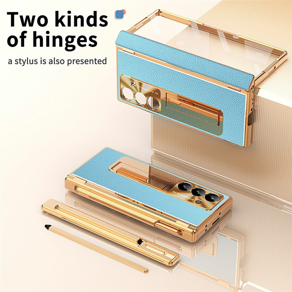 For Samsung Galaxy Z Fold7 5G Case Hinge Protection PU + PC Phone Cover with Tempered Glass Film / Stylus - Gold / Blue