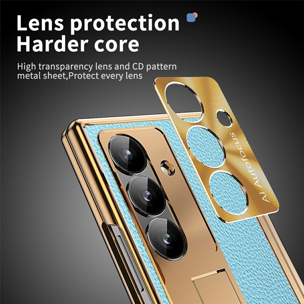 For Samsung Galaxy Z Fold7 5G Case Hinge Protection PU + PC Phone Cover with Tempered Glass Film / Stylus - Gold / Blue