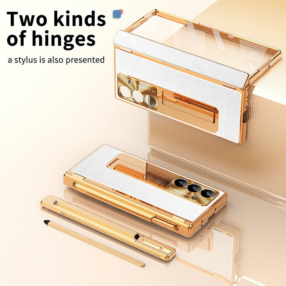 For Samsung Galaxy Z Fold7 5G Case Hinge Protection PU + PC Phone Cover with Tempered Glass Film / Stylus - Gold / Silver