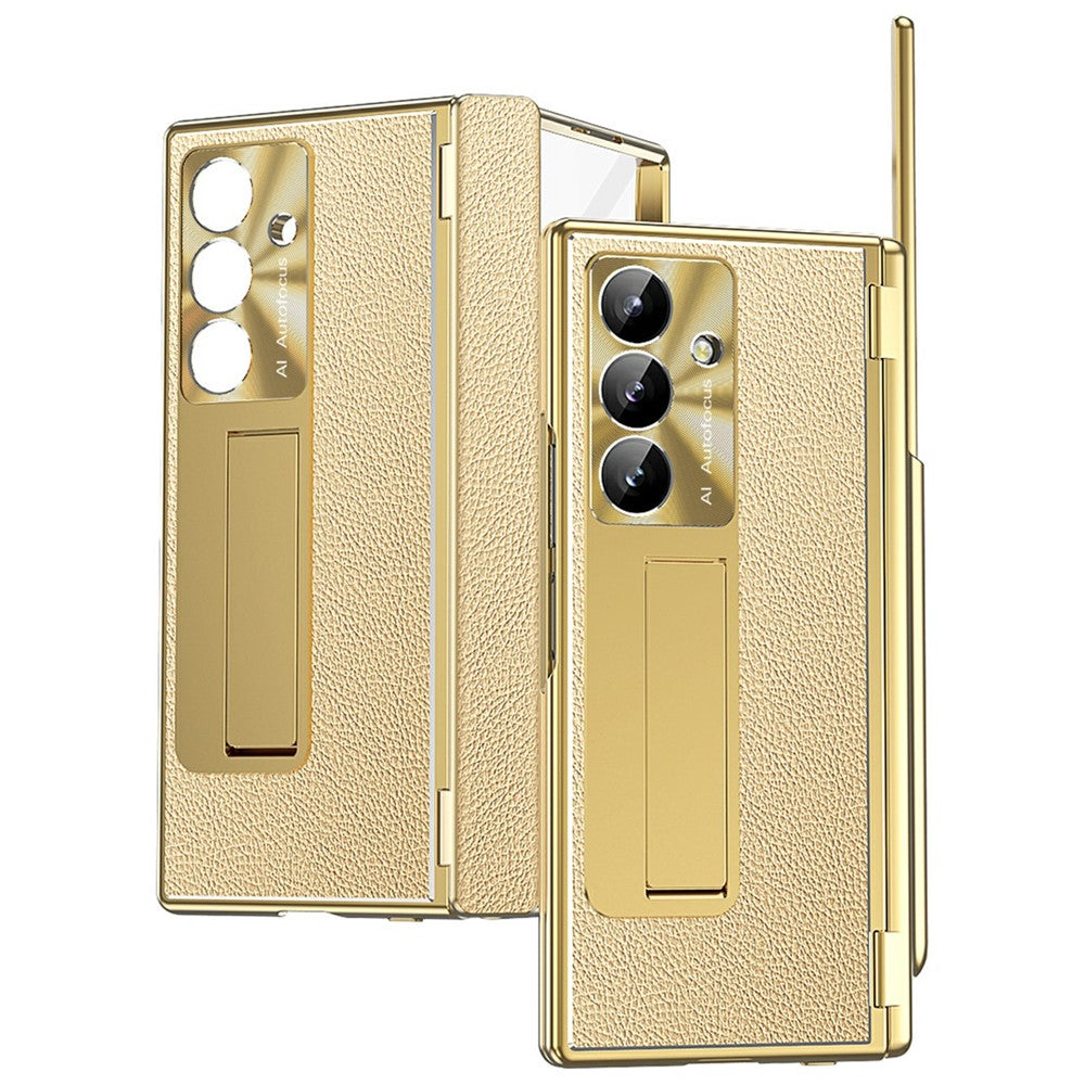 For Samsung Galaxy Z Fold7 5G Case Hinge Protection PU + PC Phone Cover with Tempered Glass Film / Stylus - Gold