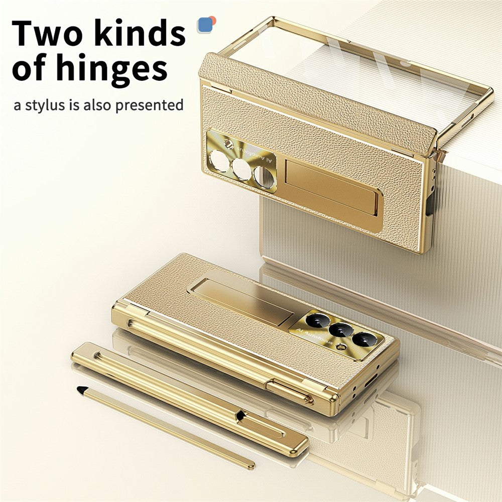 For Samsung Galaxy Z Fold7 5G Case Hinge Protection PU + PC Phone Cover with Tempered Glass Film / Stylus - Gold