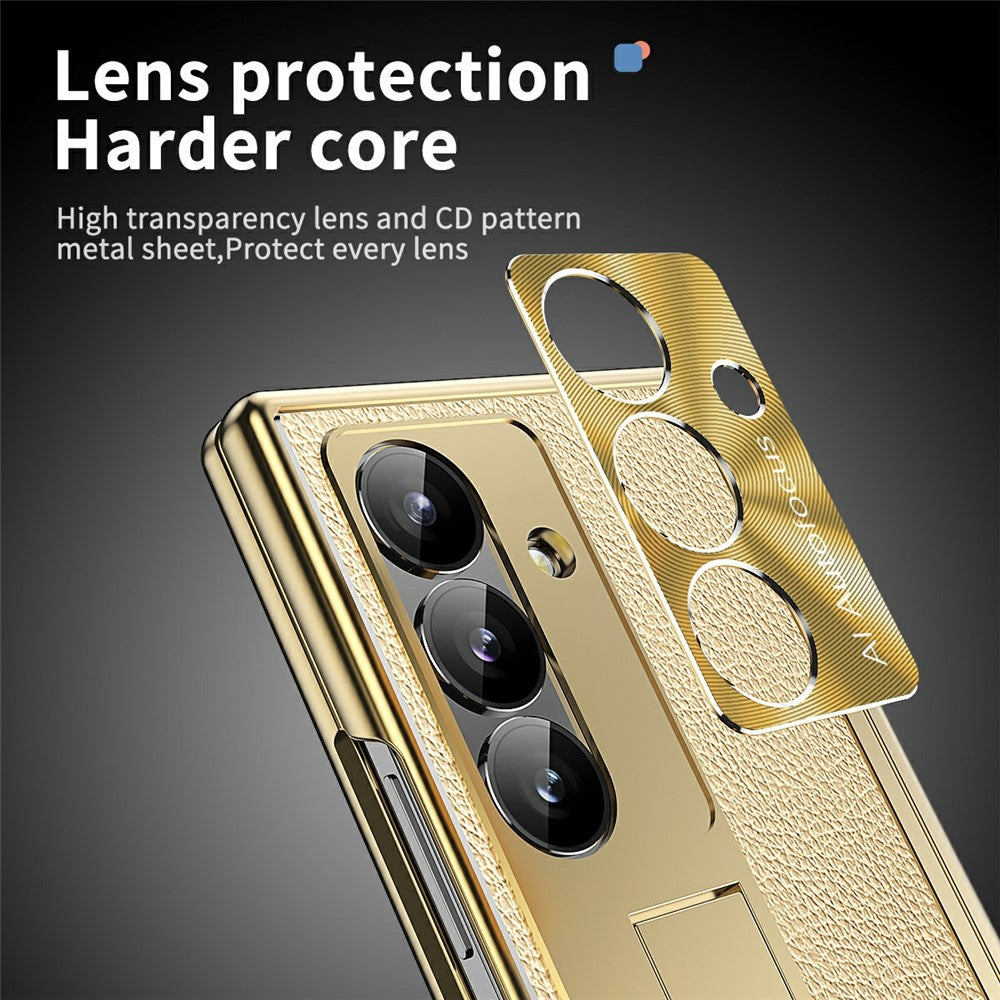 For Samsung Galaxy Z Fold7 5G Case Hinge Protection PU + PC Phone Cover with Tempered Glass Film / Stylus - Gold