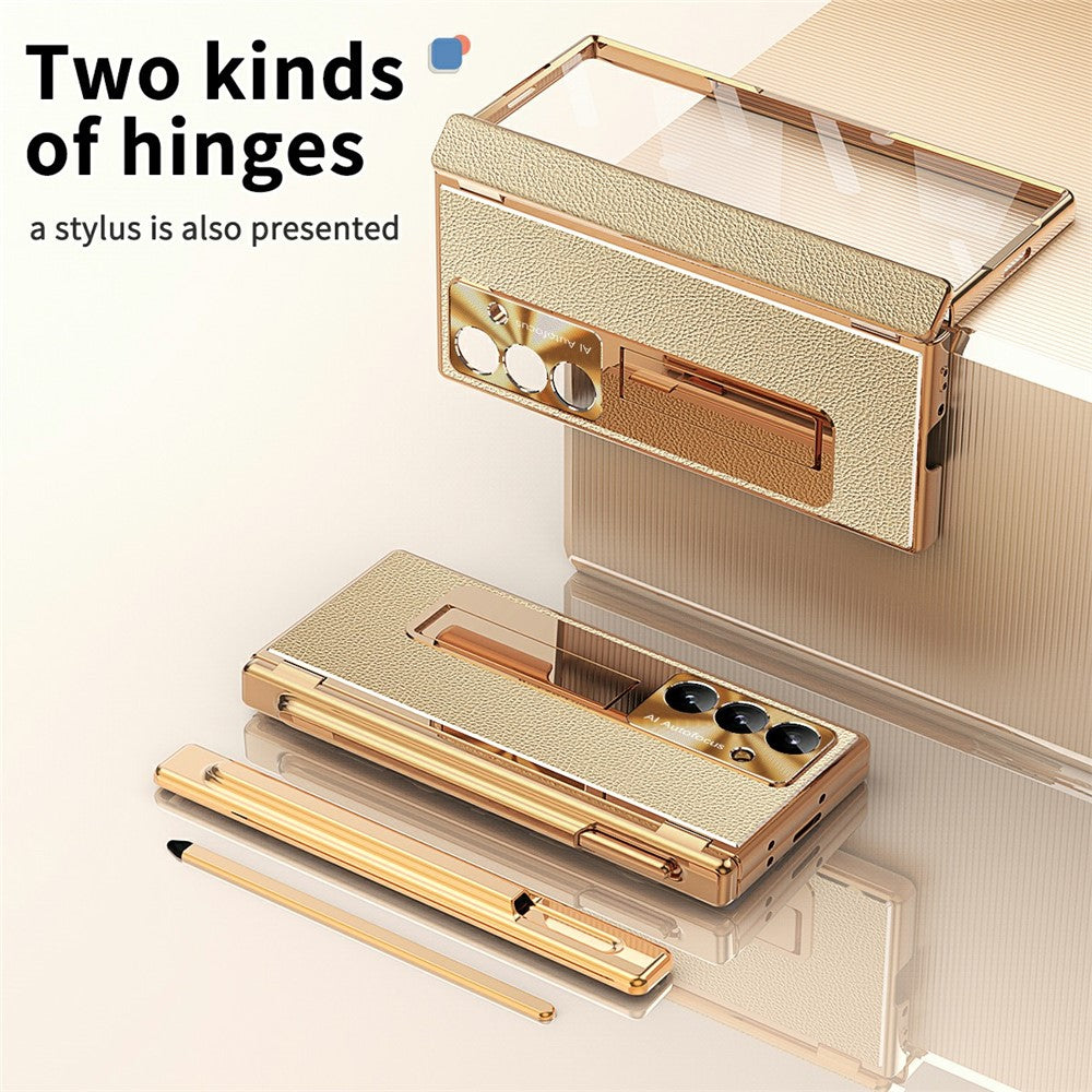 For Samsung Galaxy Z Fold7 5G Case Hinge Protection PU + PC Phone Cover with Tempered Glass Film / Stylus - Gold / Gold