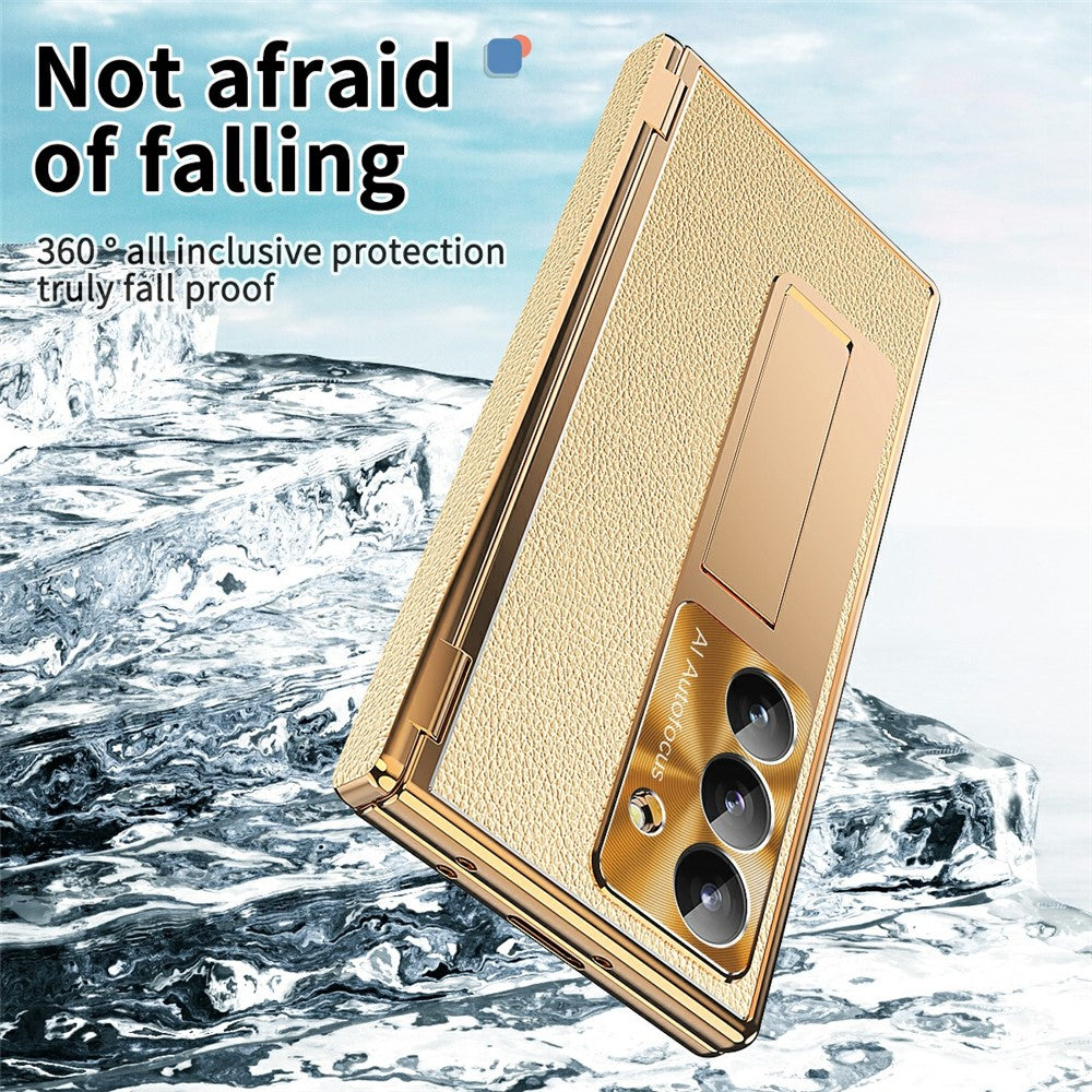 For Samsung Galaxy Z Fold7 5G Case Hinge Protection PU + PC Phone Cover with Tempered Glass Film / Stylus - Gold / Gold
