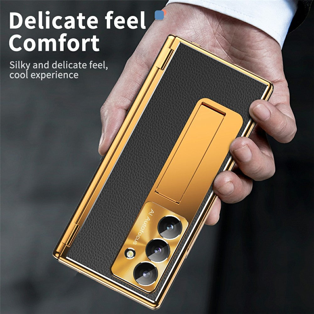 For Samsung Galaxy Z Fold7 5G Case Hinge Protection PU + PC Phone Cover with Tempered Glass Film / Stylus - Gold / Black
