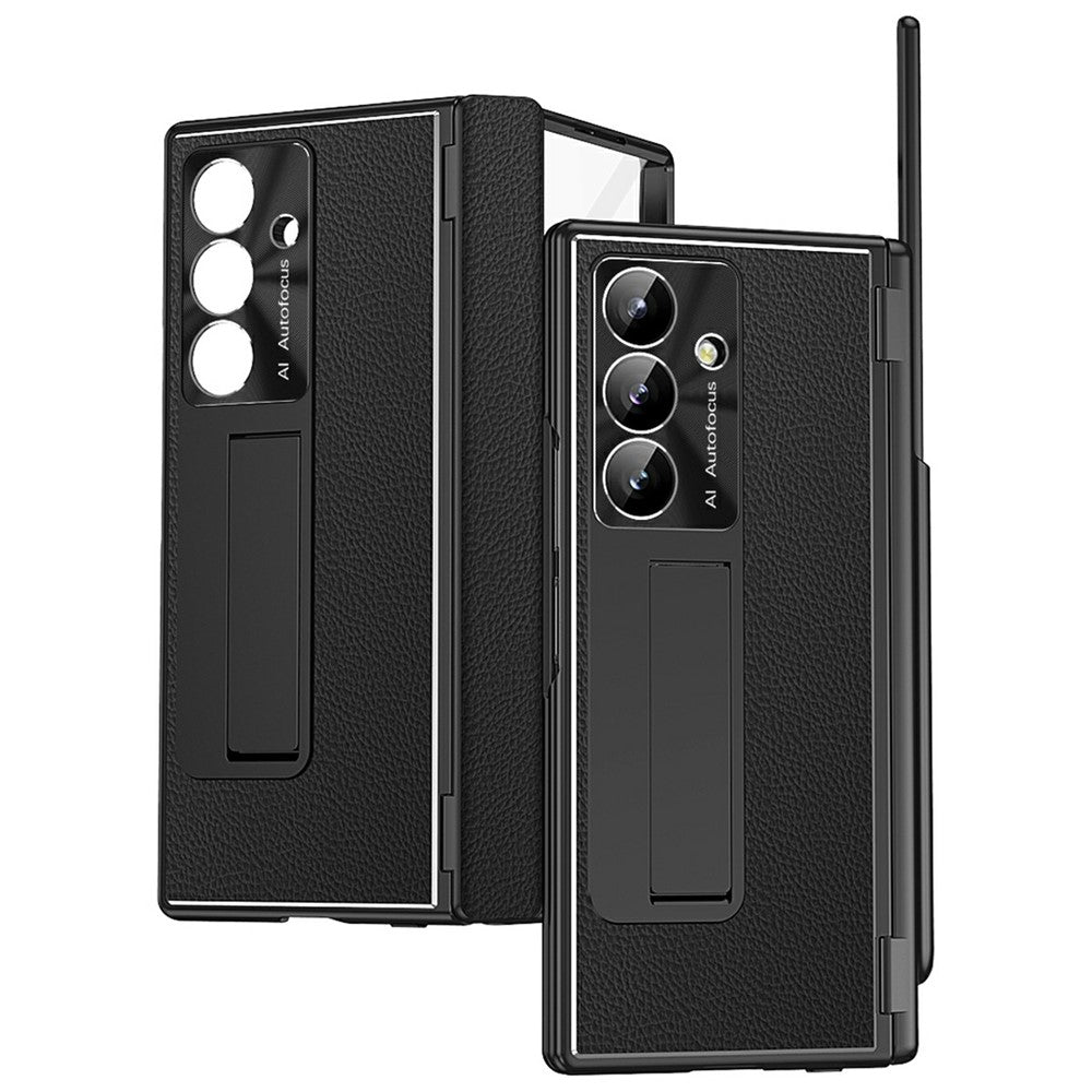 For Samsung Galaxy Z Fold7 5G Case Hinge Protection PU + PC Phone Cover with Tempered Glass Film / Stylus - Black