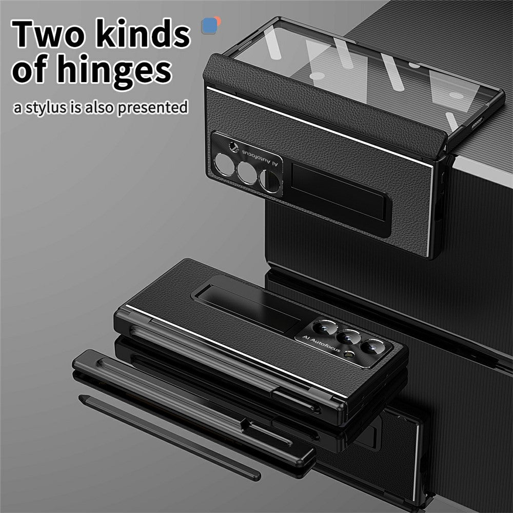 For Samsung Galaxy Z Fold7 5G Case Hinge Protection PU + PC Phone Cover with Tempered Glass Film / Stylus - Black