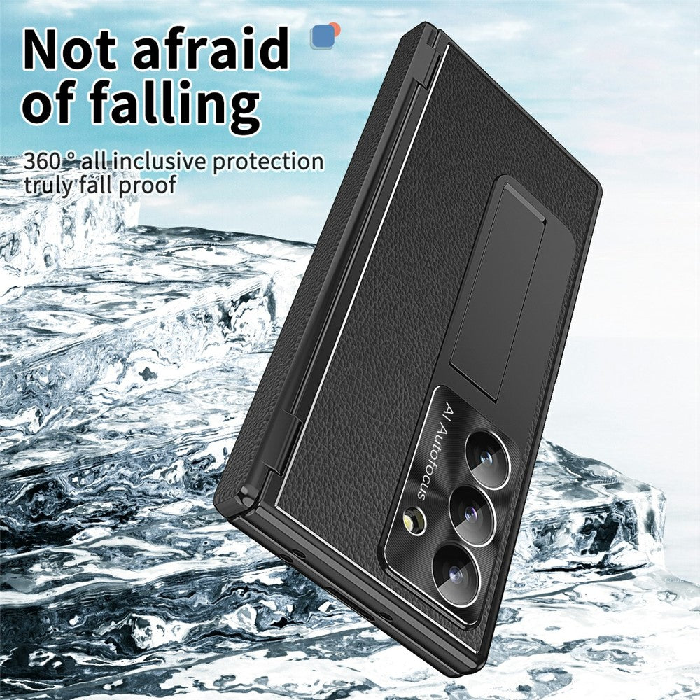 For Samsung Galaxy Z Fold7 5G Case Hinge Protection PU + PC Phone Cover with Tempered Glass Film / Stylus - Black