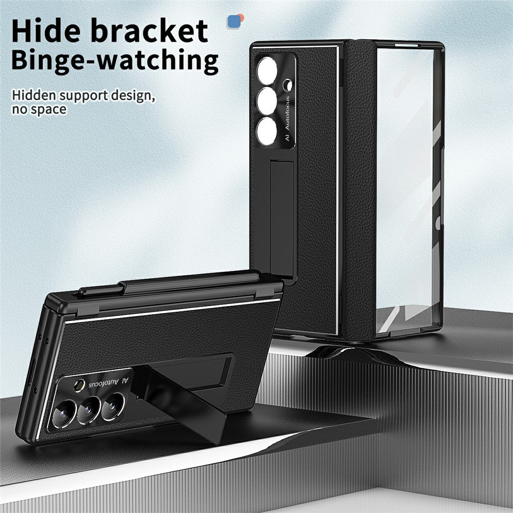 For Samsung Galaxy Z Fold7 5G Case Hinge Protection PU + PC Phone Cover with Tempered Glass Film / Stylus - Black
