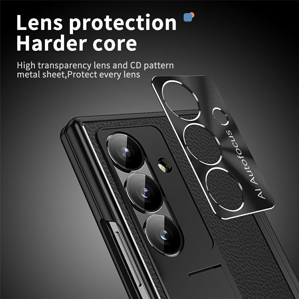 For Samsung Galaxy Z Fold7 5G Case Hinge Protection PU + PC Phone Cover with Tempered Glass Film / Stylus - Black