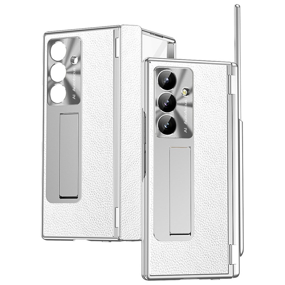 For Samsung Galaxy Z Fold7 5G Case Hinge Protection PU + PC Phone Cover with Tempered Glass Film / Stylus - Silver