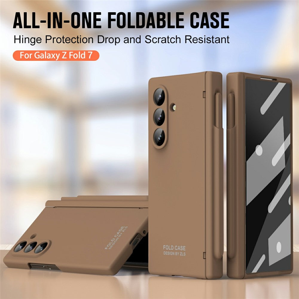 For Samsung Galaxy Z Fold7 5G Case Folding PC Phone Cover with Stylus / Tempered Glass Film - Beige