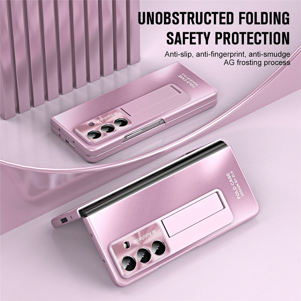 For Samsung Galaxy Z Fold7 5G Case Kickstand Matte PC Phone Cover with Tempered Glass Film - Pink
