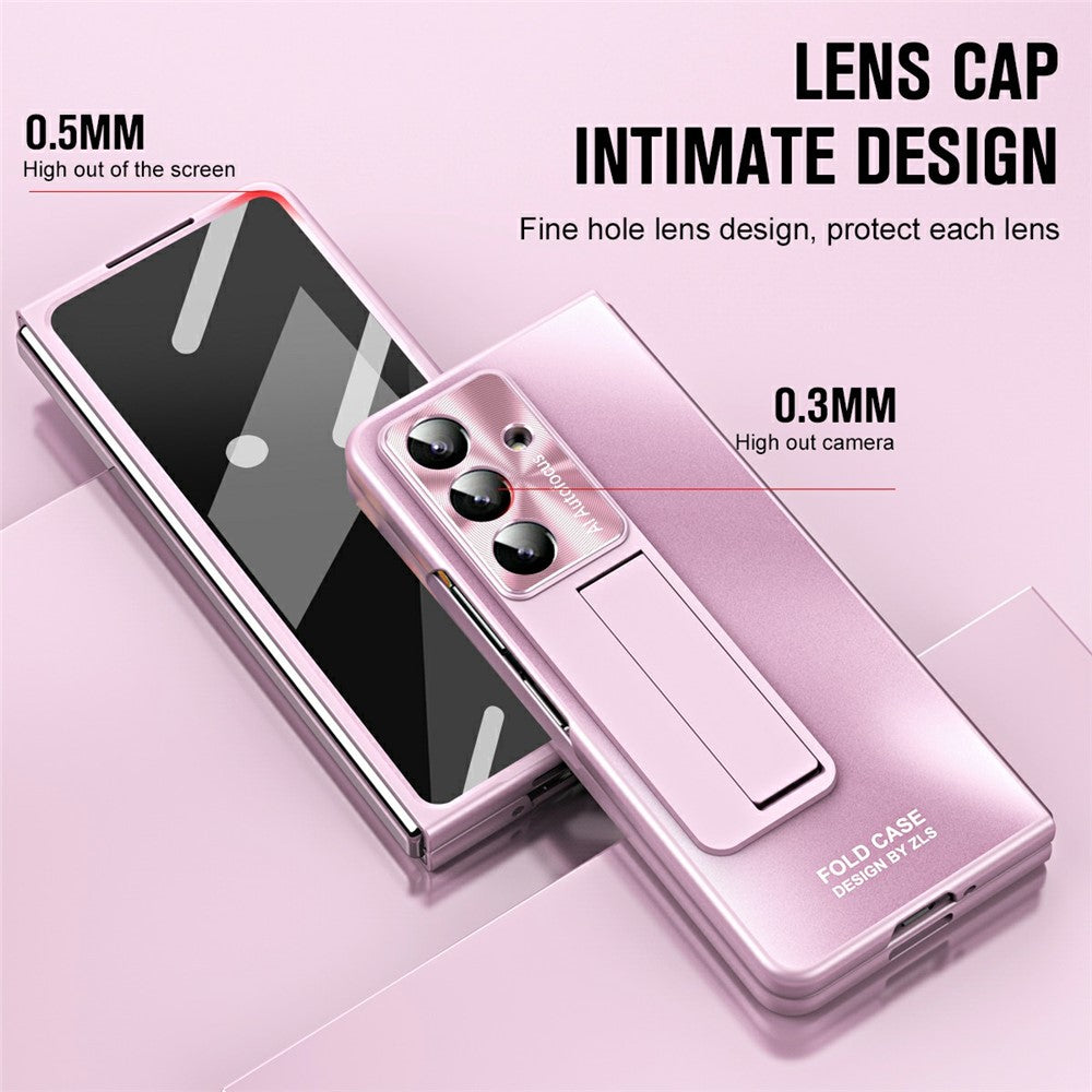 For Samsung Galaxy Z Fold7 5G Case Kickstand Matte PC Phone Cover with Tempered Glass Film - Pink