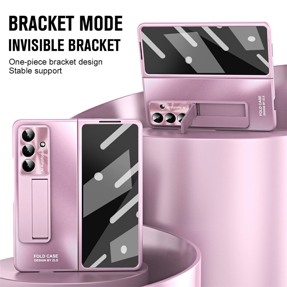 For Samsung Galaxy Z Fold7 5G Case Kickstand Matte PC Phone Cover with Tempered Glass Film - Pink