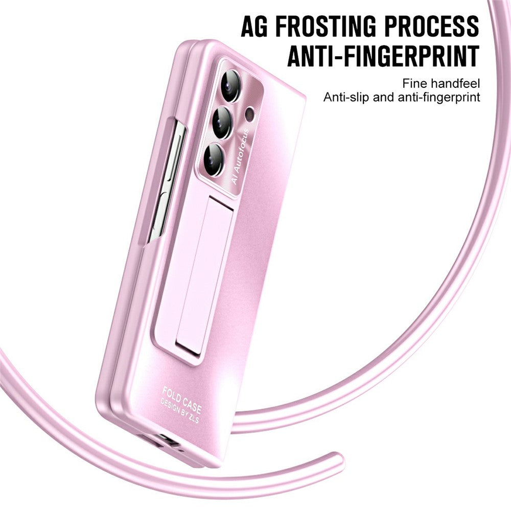 For Samsung Galaxy Z Fold7 5G Case Kickstand Matte PC Phone Cover with Tempered Glass Film - Pink