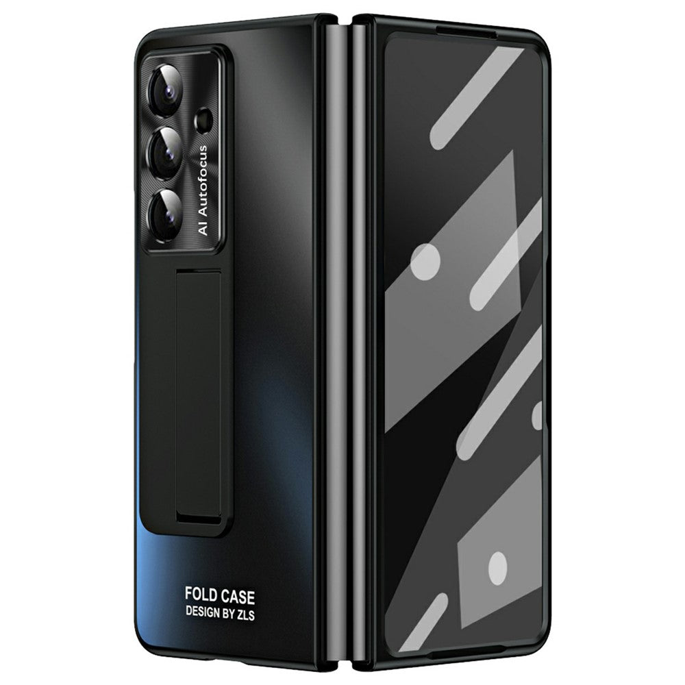 For Samsung Galaxy Z Fold7 5G Case Kickstand Matte PC Phone Cover with Tempered Glass Film - Black