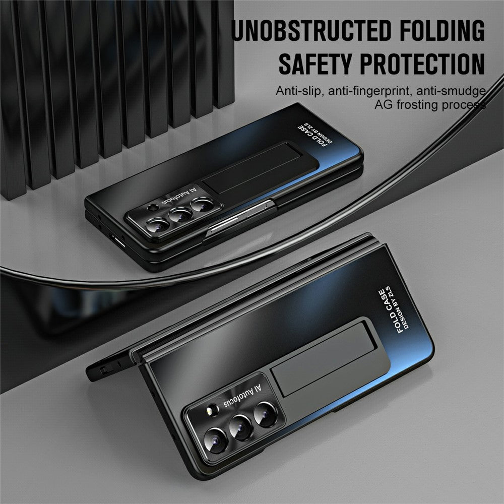 For Samsung Galaxy Z Fold7 5G Case Kickstand Matte PC Phone Cover with Tempered Glass Film - Black
