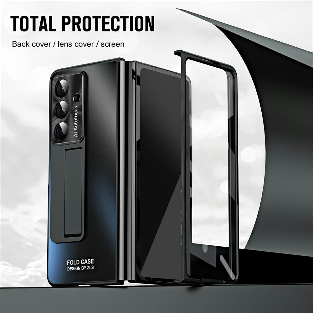 For Samsung Galaxy Z Fold7 5G Case Kickstand Matte PC Phone Cover with Tempered Glass Film - Black