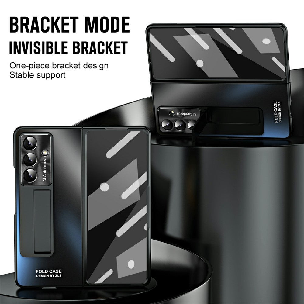 For Samsung Galaxy Z Fold7 5G Case Kickstand Matte PC Phone Cover with Tempered Glass Film - Black