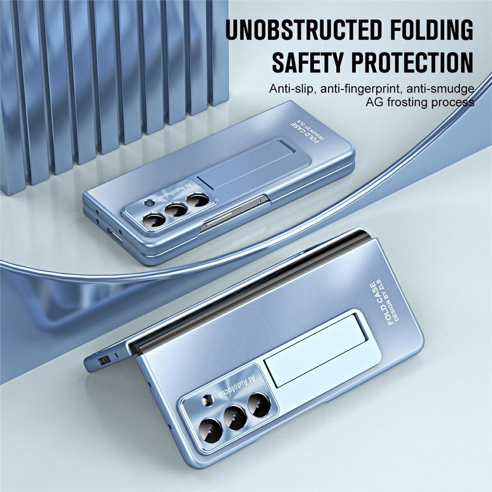 For Samsung Galaxy Z Fold7 5G Case Kickstand Matte PC Phone Cover with Tempered Glass Film - Blue