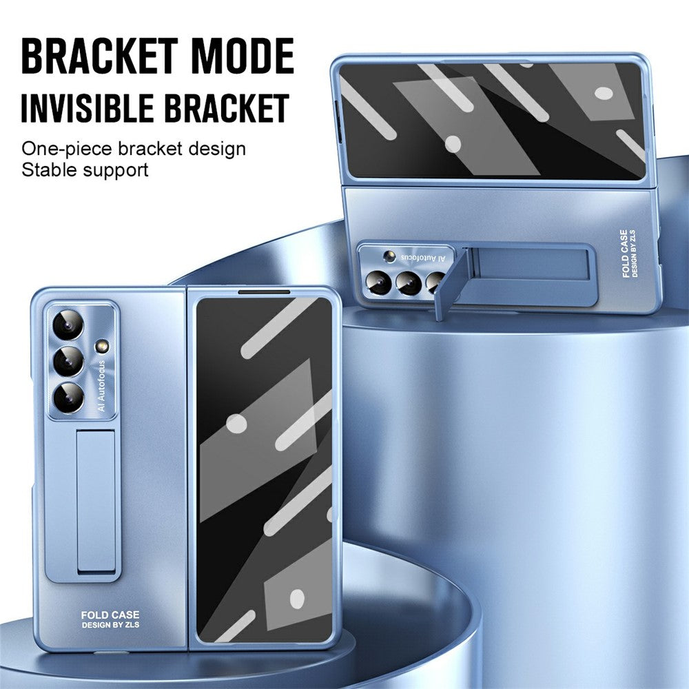 For Samsung Galaxy Z Fold7 5G Case Kickstand Matte PC Phone Cover with Tempered Glass Film - Blue