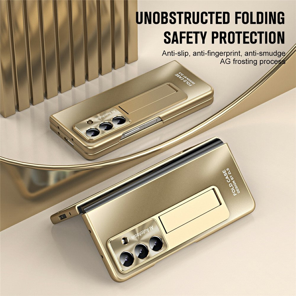 For Samsung Galaxy Z Fold7 5G Case Kickstand Matte PC Phone Cover with Tempered Glass Film - Champagne Gold