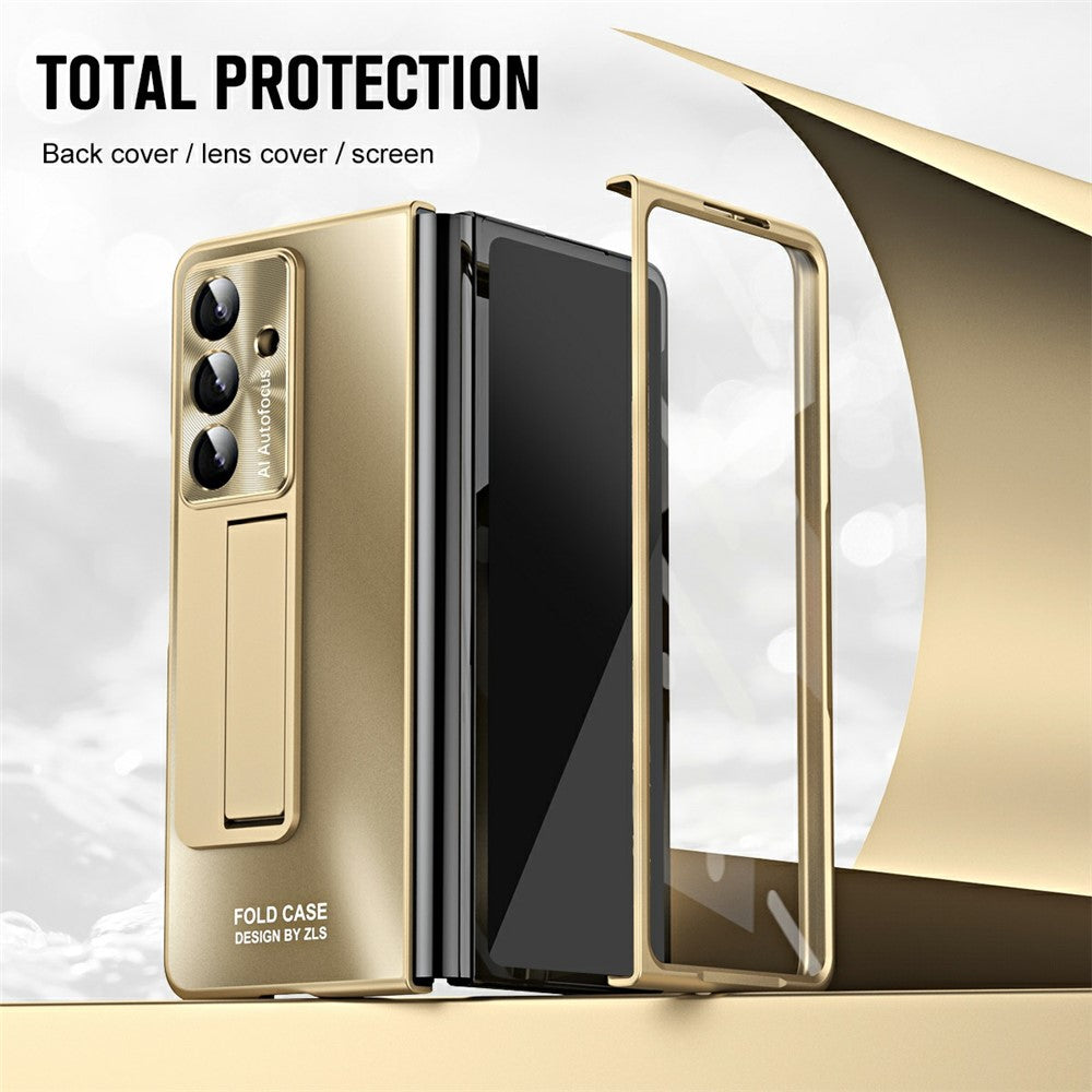 For Samsung Galaxy Z Fold7 5G Case Kickstand Matte PC Phone Cover with Tempered Glass Film - Champagne Gold