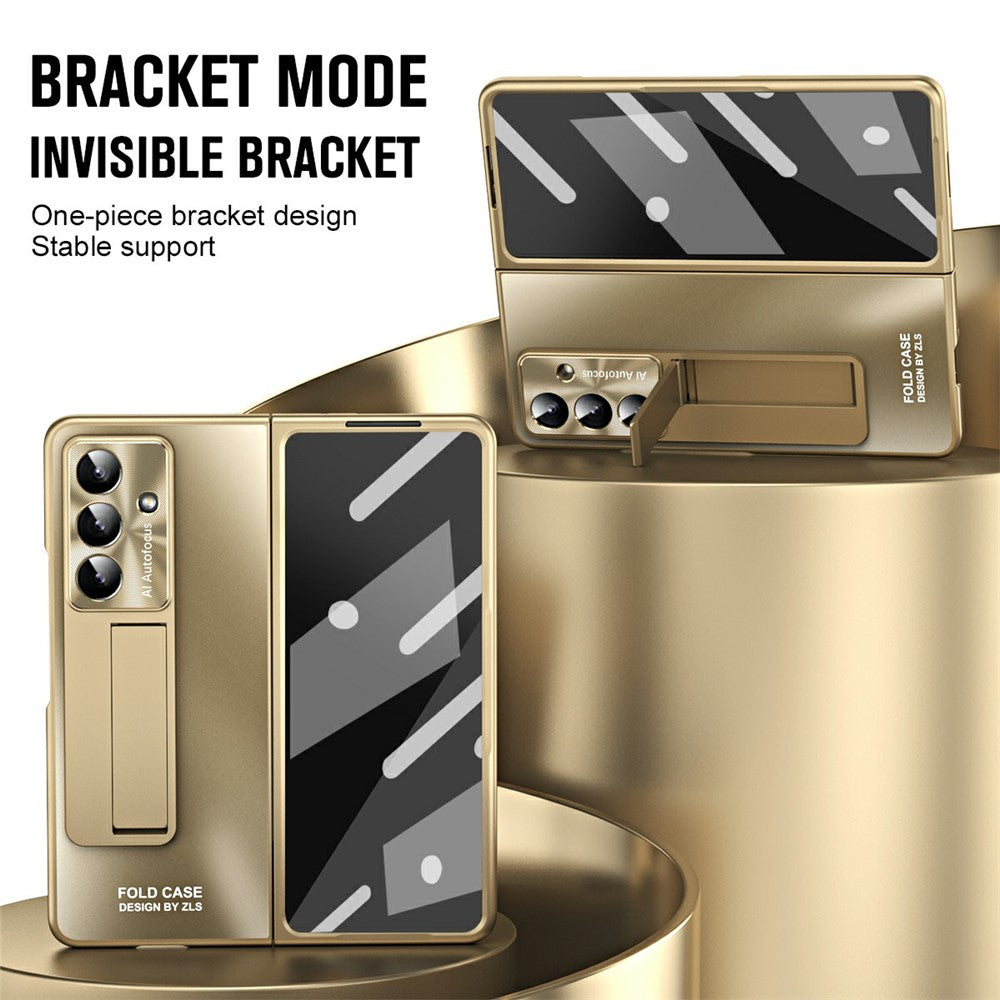 For Samsung Galaxy Z Fold7 5G Case Kickstand Matte PC Phone Cover with Tempered Glass Film - Champagne Gold