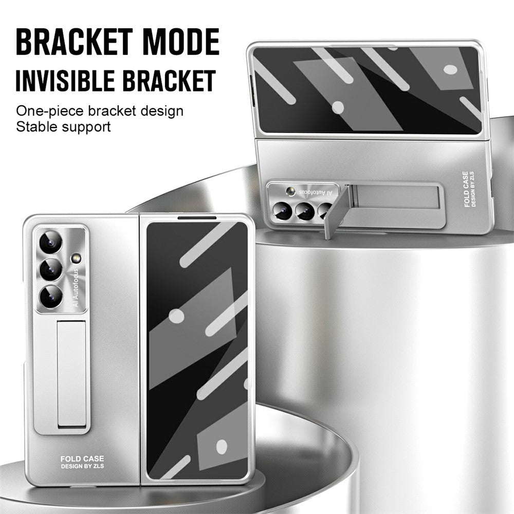 For Samsung Galaxy Z Fold7 5G Case Kickstand Matte PC Phone Cover with Tempered Glass Film - Silver