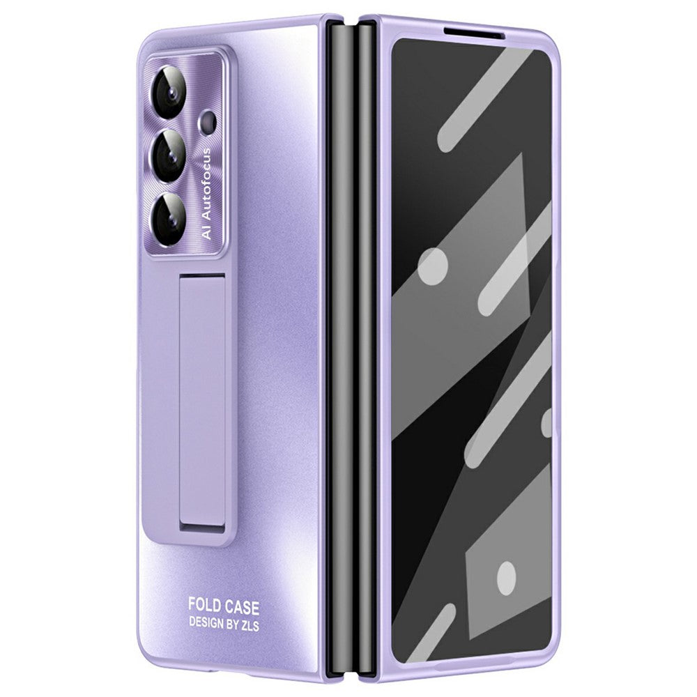 For Samsung Galaxy Z Fold7 5G Case Kickstand Matte PC Phone Cover with Tempered Glass Film - Purple