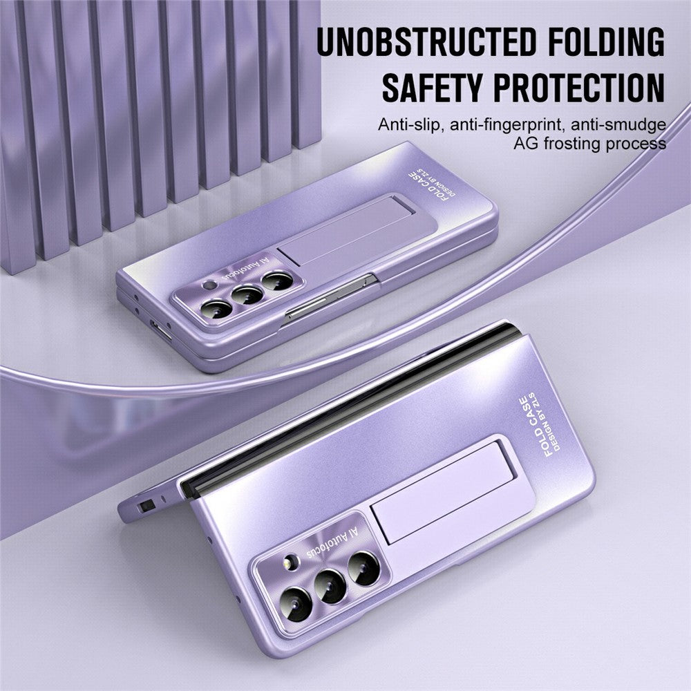 For Samsung Galaxy Z Fold7 5G Case Kickstand Matte PC Phone Cover with Tempered Glass Film - Purple