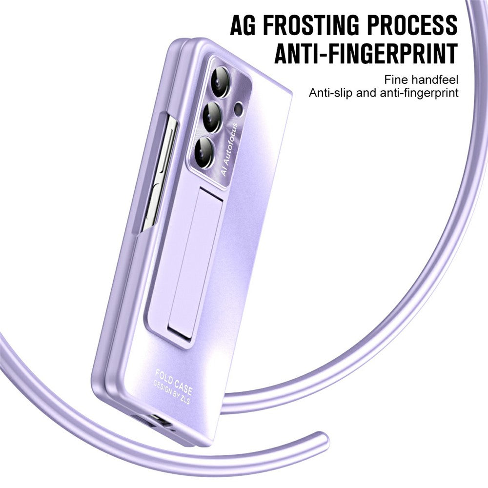 For Samsung Galaxy Z Fold7 5G Case Kickstand Matte PC Phone Cover with Tempered Glass Film - Purple