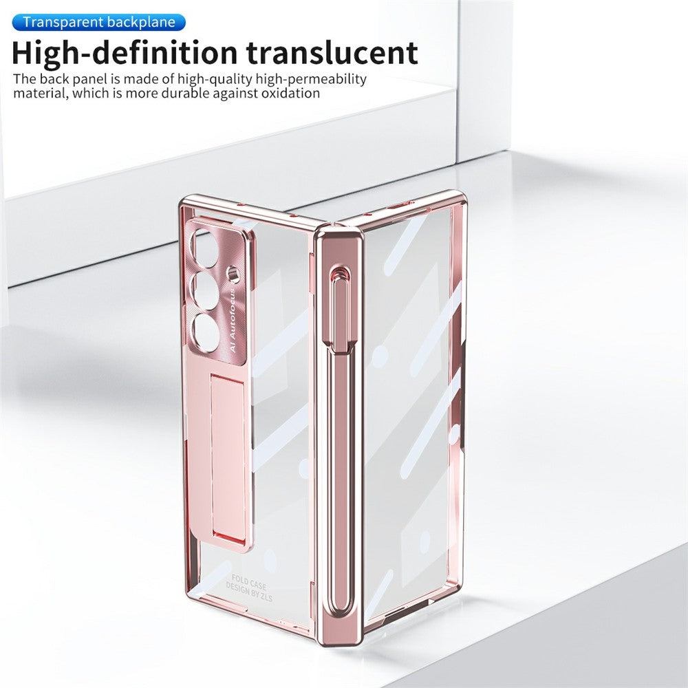 For Samsung Galaxy Z Fold7 5G Case Magnetic Hinge Electroplated PC Phone Cover with Tempered Glass Film / Stylus - Pink