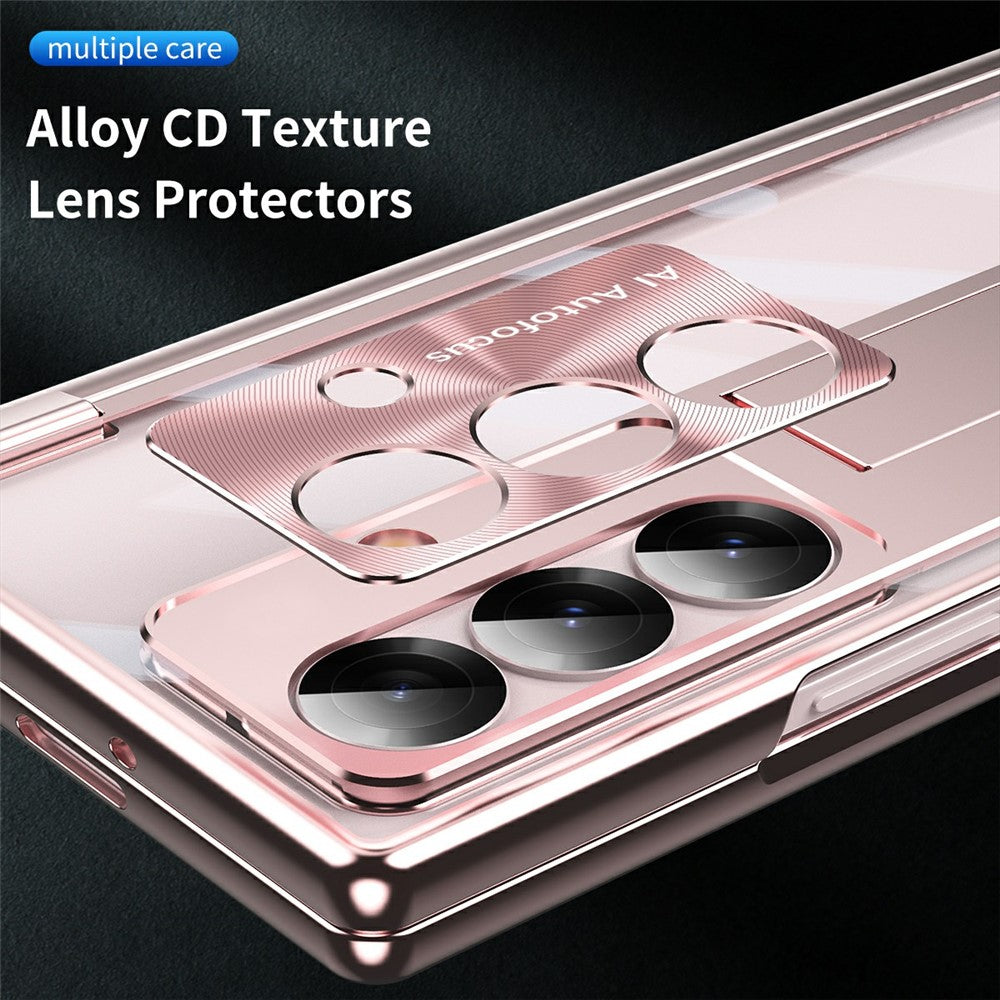 For Samsung Galaxy Z Fold7 5G Case Magnetic Hinge Electroplated PC Phone Cover with Tempered Glass Film / Stylus - Pink