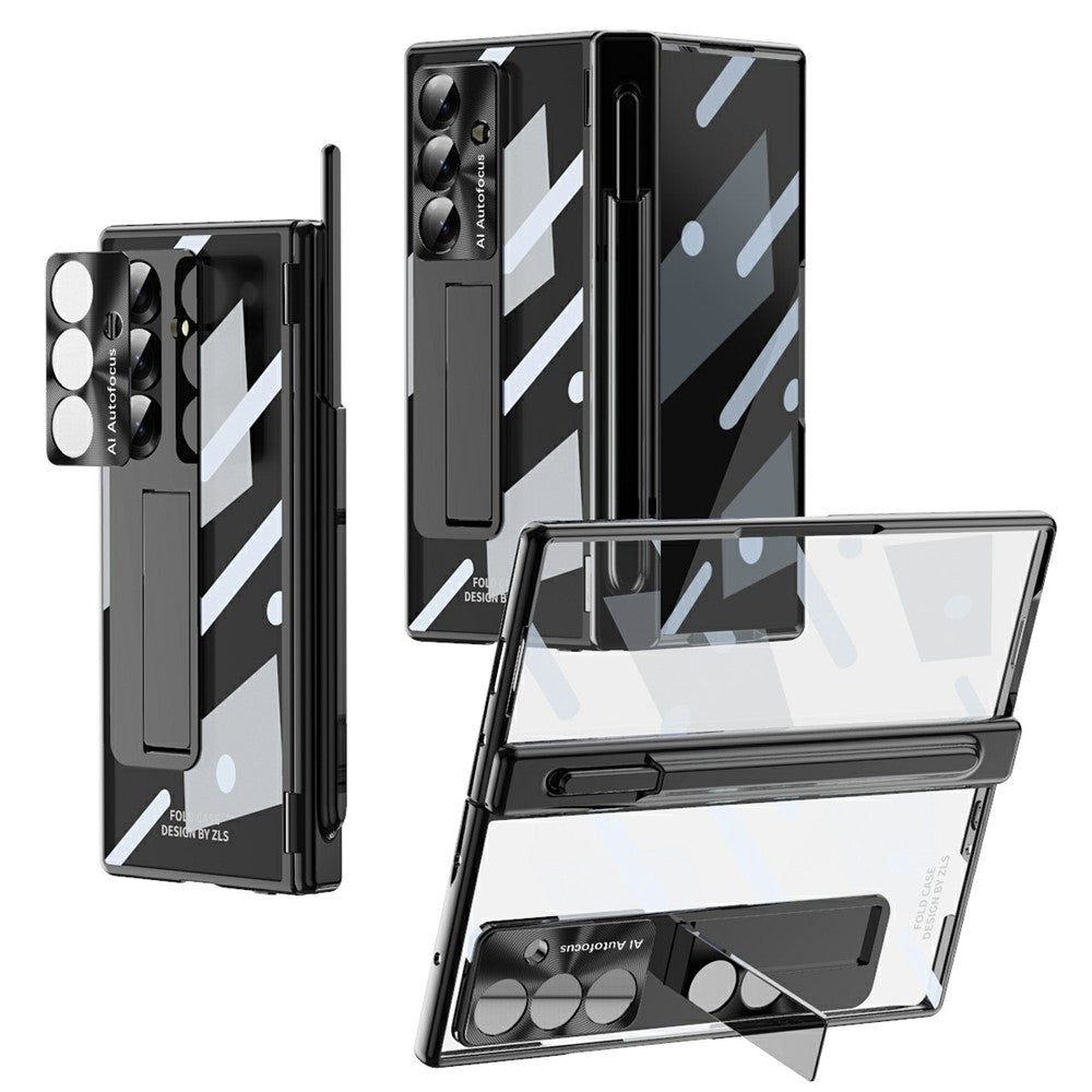 For Samsung Galaxy Z Fold7 5G Case Magnetic Hinge Electroplated PC Phone Cover with Tempered Glass Film / Stylus - Black