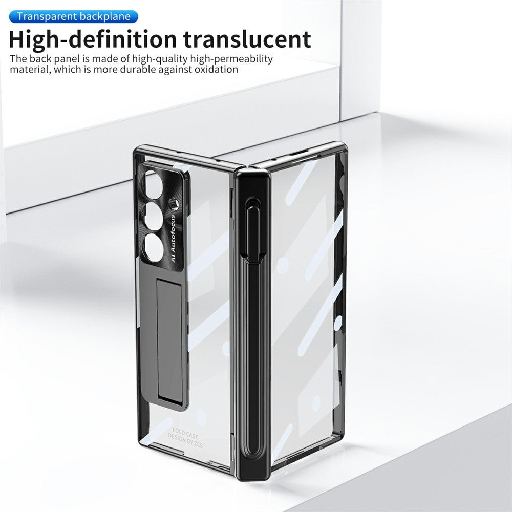 For Samsung Galaxy Z Fold7 5G Case Magnetic Hinge Electroplated PC Phone Cover with Tempered Glass Film / Stylus - Black