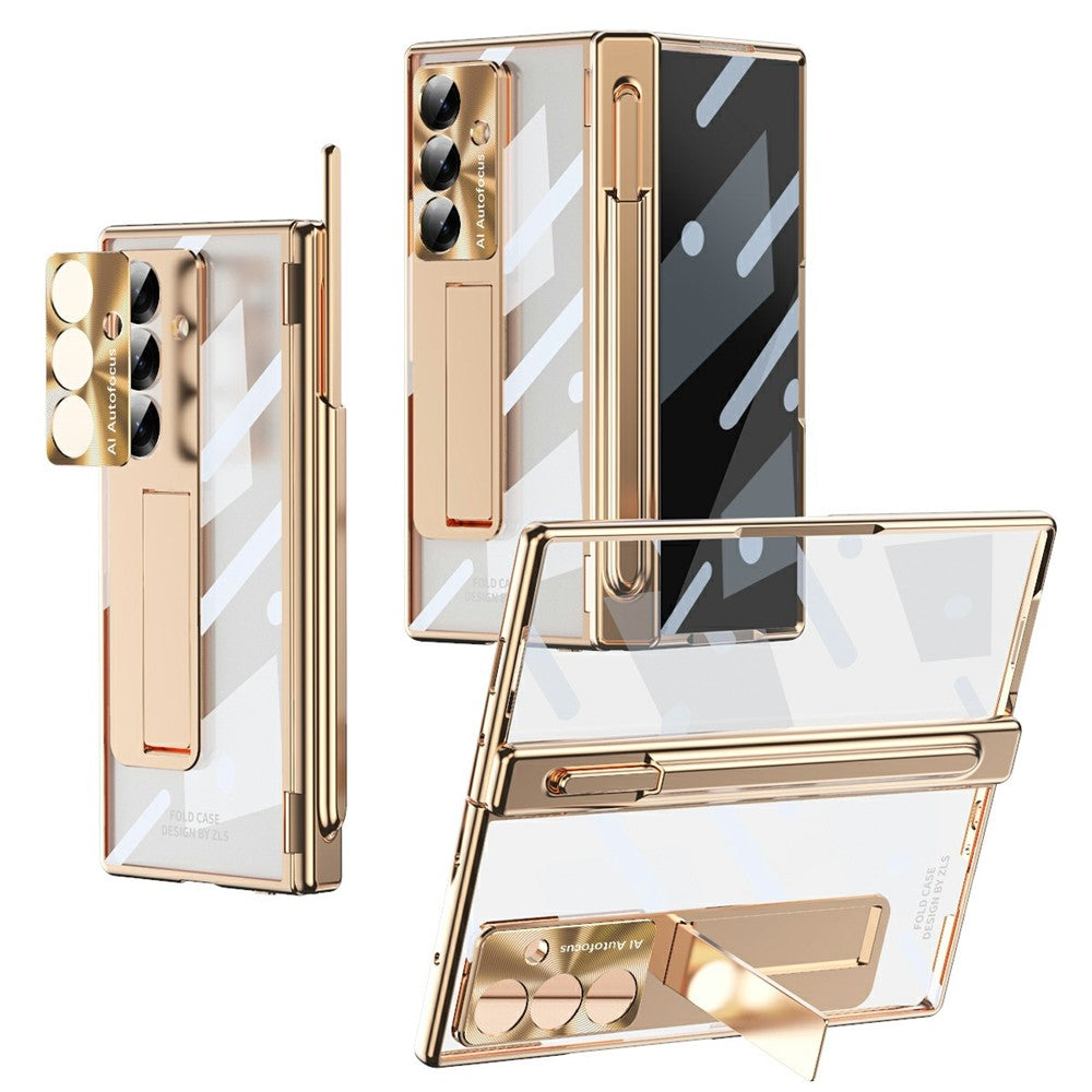 For Samsung Galaxy Z Fold7 5G Case Magnetic Hinge Electroplated PC Phone Cover with Tempered Glass Film / Stylus - Gold