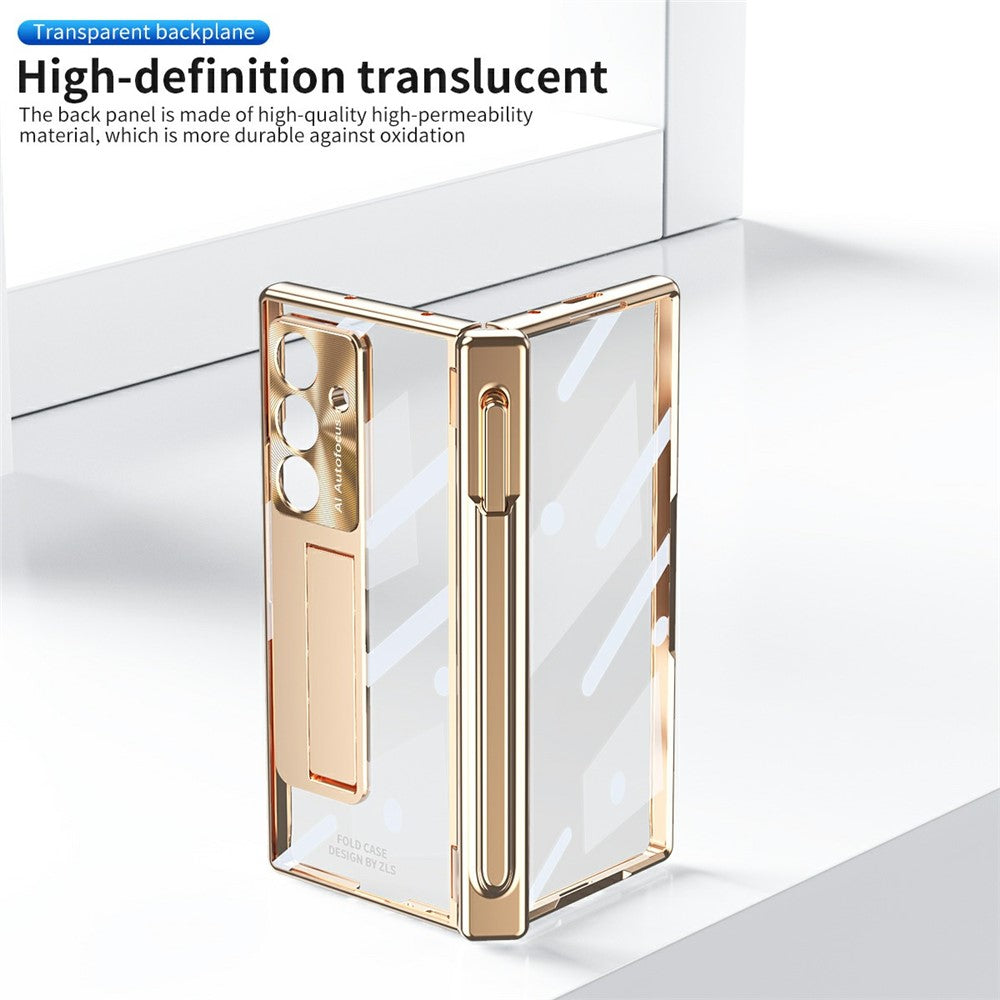 For Samsung Galaxy Z Fold7 5G Case Magnetic Hinge Electroplated PC Phone Cover with Tempered Glass Film / Stylus - Gold