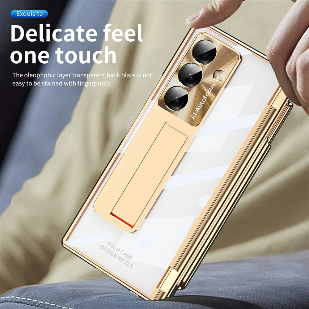 For Samsung Galaxy Z Fold7 5G Case Magnetic Hinge Electroplated PC Phone Cover with Tempered Glass Film / Stylus - Gold