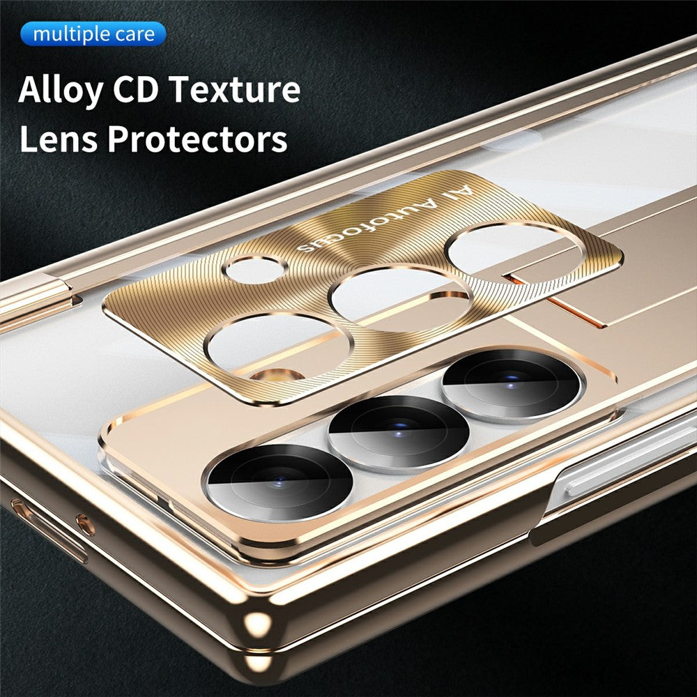 For Samsung Galaxy Z Fold7 5G Case Magnetic Hinge Electroplated PC Phone Cover with Tempered Glass Film / Stylus - Gold