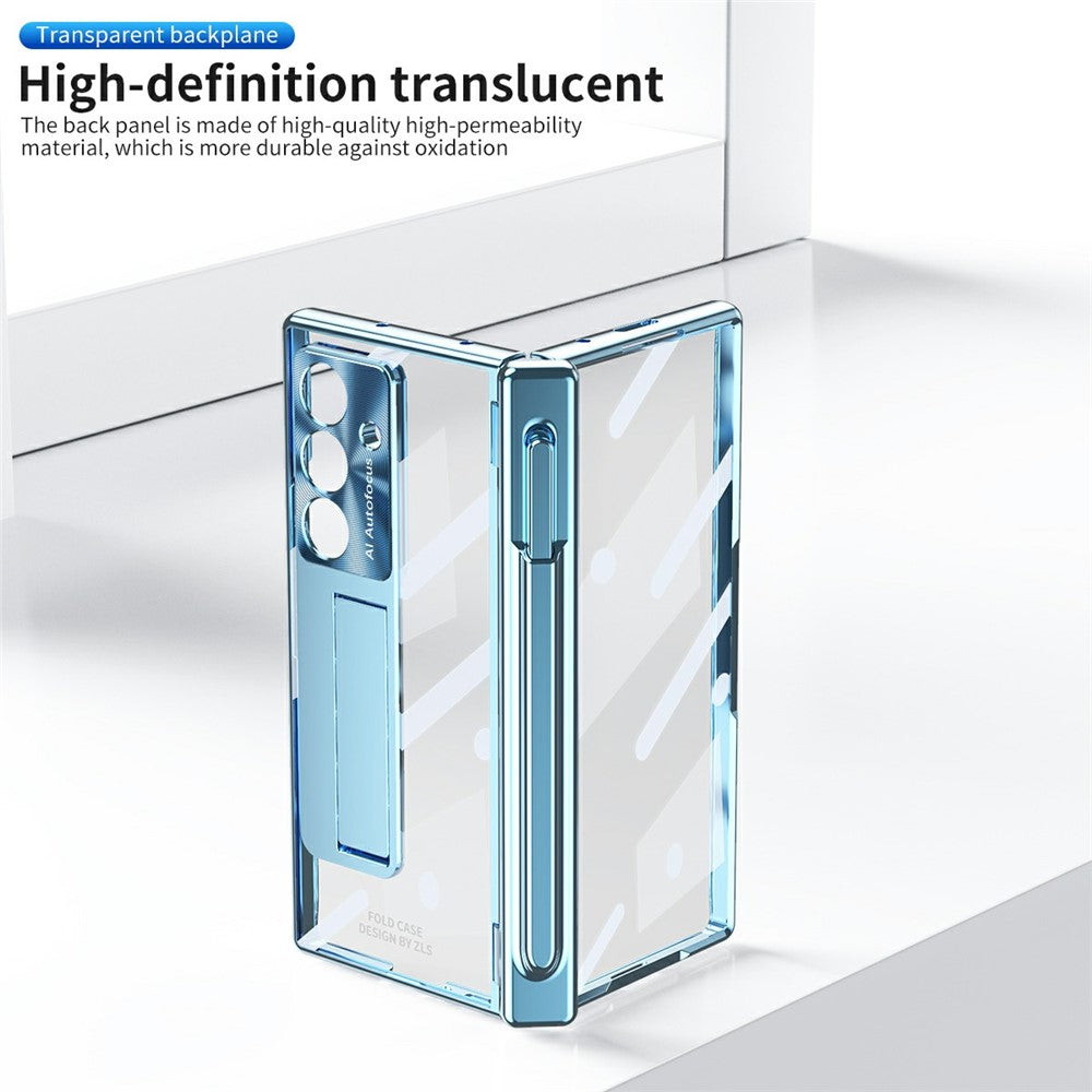 For Samsung Galaxy Z Fold7 5G Case Magnetic Hinge Electroplated PC Phone Cover with Tempered Glass Film / Stylus - Blue
