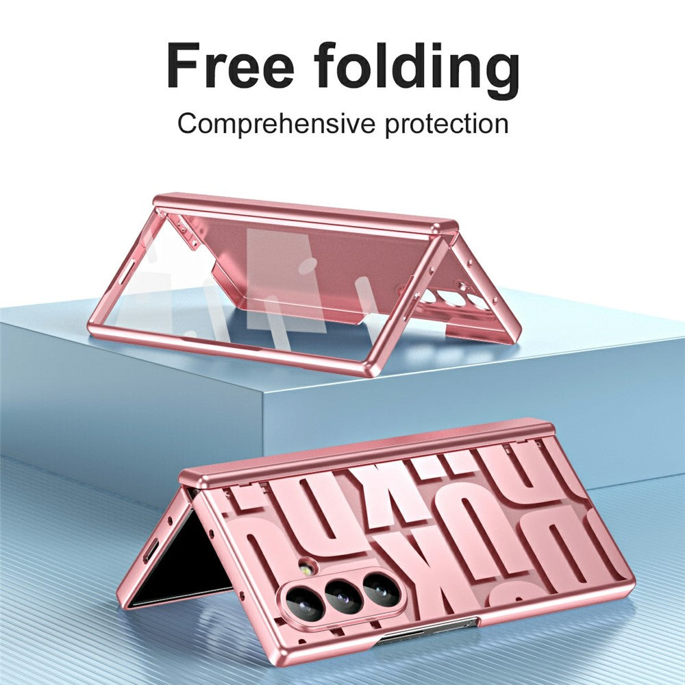 For Samsung Galaxy Z Fold7 5G Case Electroplating PC Phone Cover with Tempered Glass Film - Rose Gold